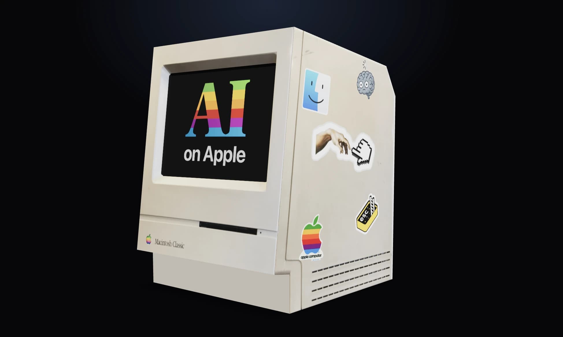 Classic Macintosh displaying the AI on Apple mark with playful technology stickers
